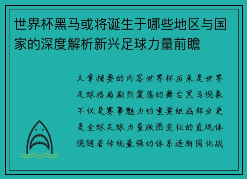 世界杯黑马或将诞生于哪些地区与国家的深度解析新兴足球力量前瞻